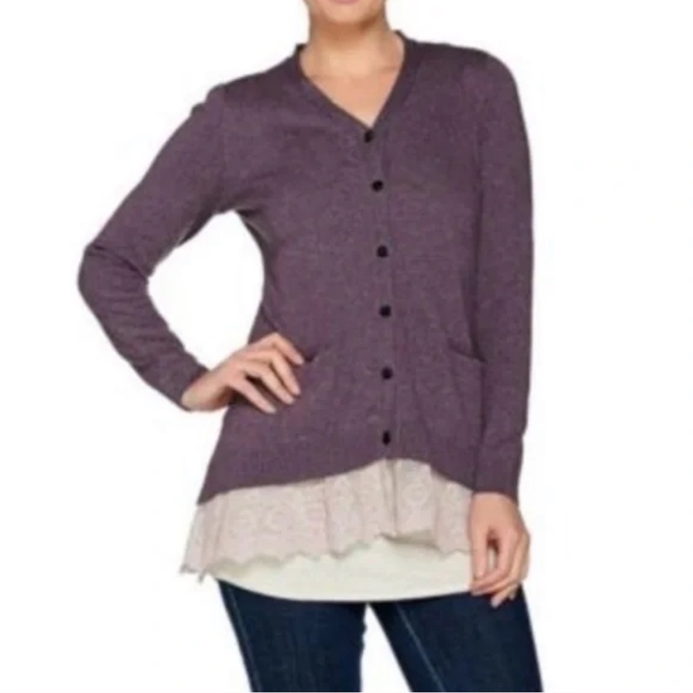 LOGO Lori Goldstein Button Front Lace Trim Hi-Low Knit
Cardigan Sweater - Picture 2 of 11
